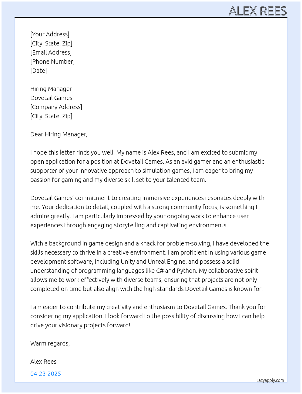 Cover letter for open application - LazyApply