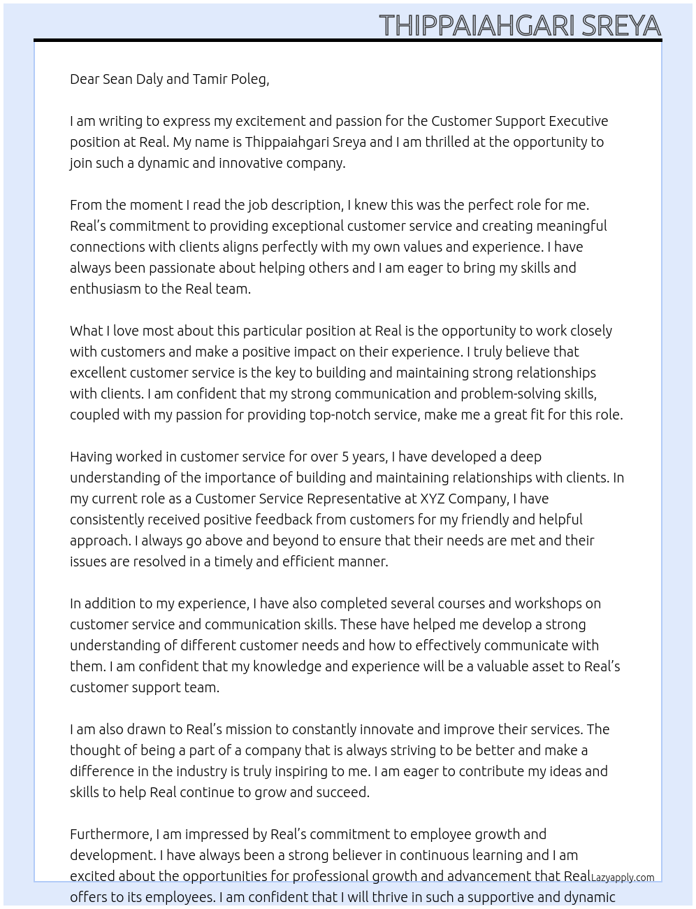 Customer support executive At Real Cover Letter