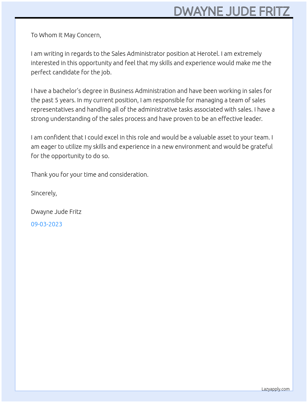 sales administrator At Herotel Cover Letter