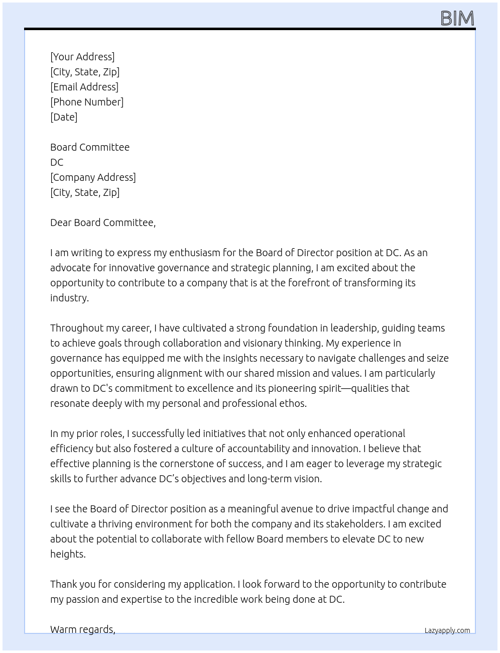 Board of Director At DC Cover Letter