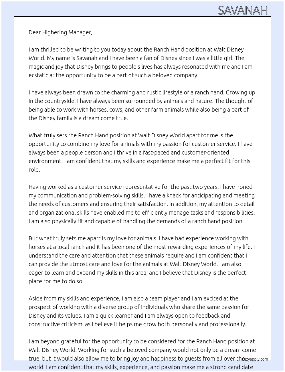 Ranch hand  At Walt disney world  Cover Letter