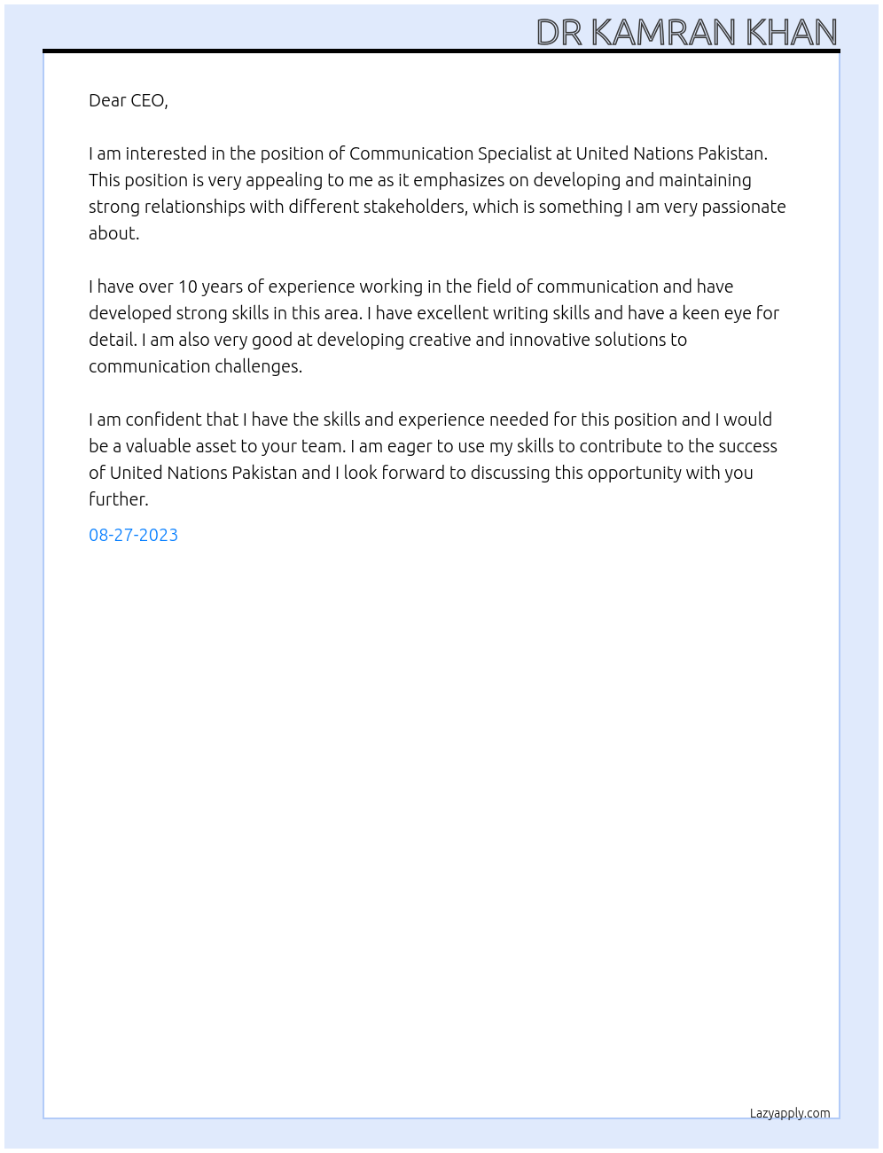 Communication Specialist At United Nation Pakistan Cover Letter