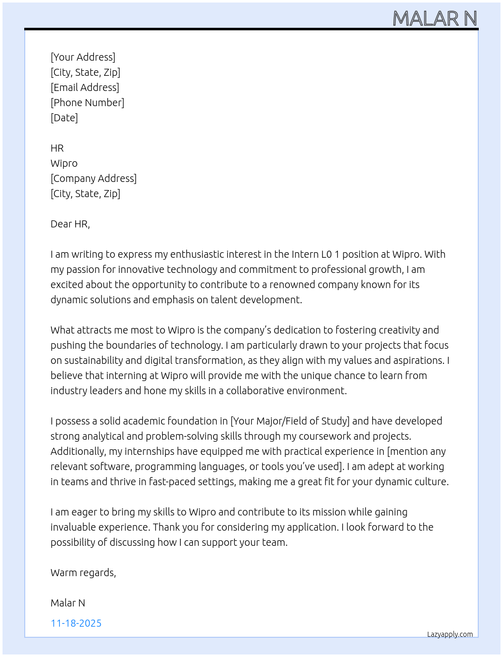 Intern L0 1 At wipro Cover Letter