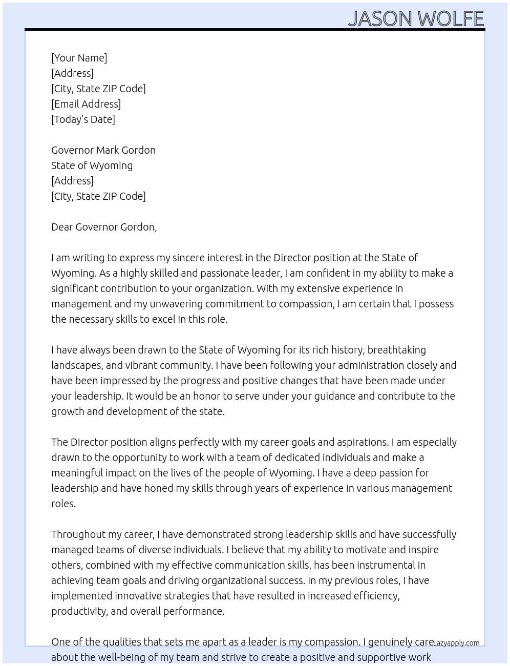 Director At State of Wyoming Cover Letter