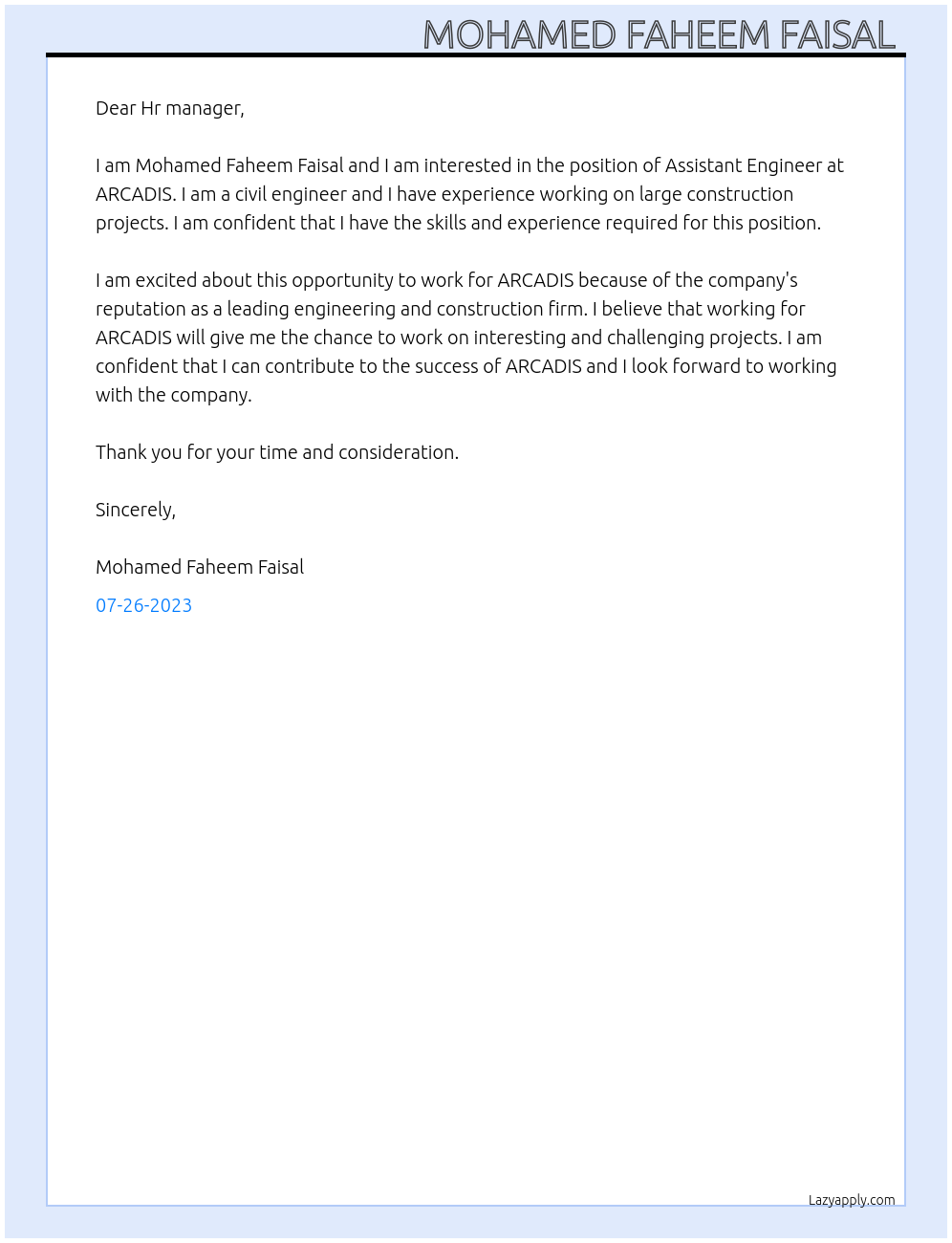 Assistant Engineer At ARCADIS Cover Letter