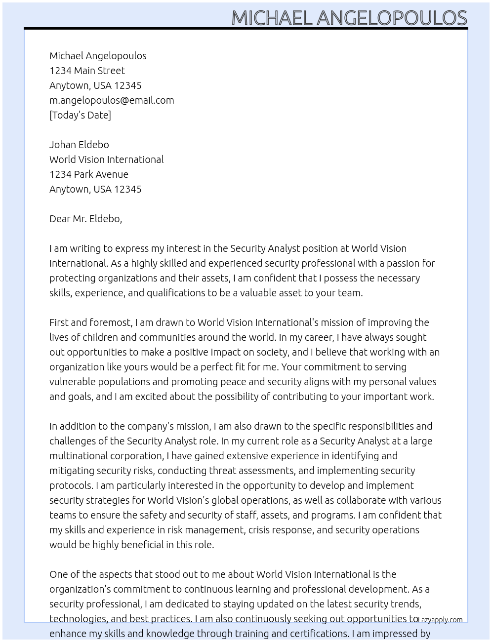 Security Analyst At World Vision International Cover Letter