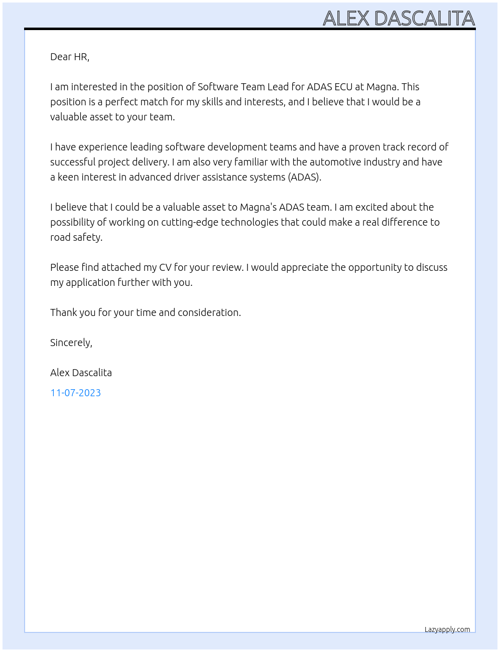 Software Team Lead for ADAS ECU At Magna Cover Letter