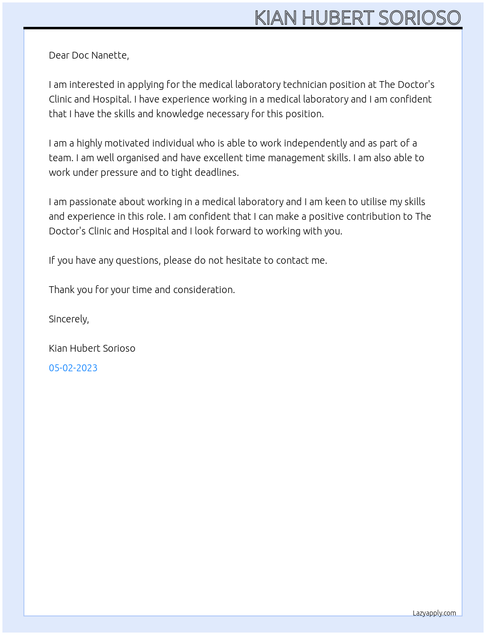 Medical Laboratory Technician At The Doctor's Clinic and Hospital Cover Letter