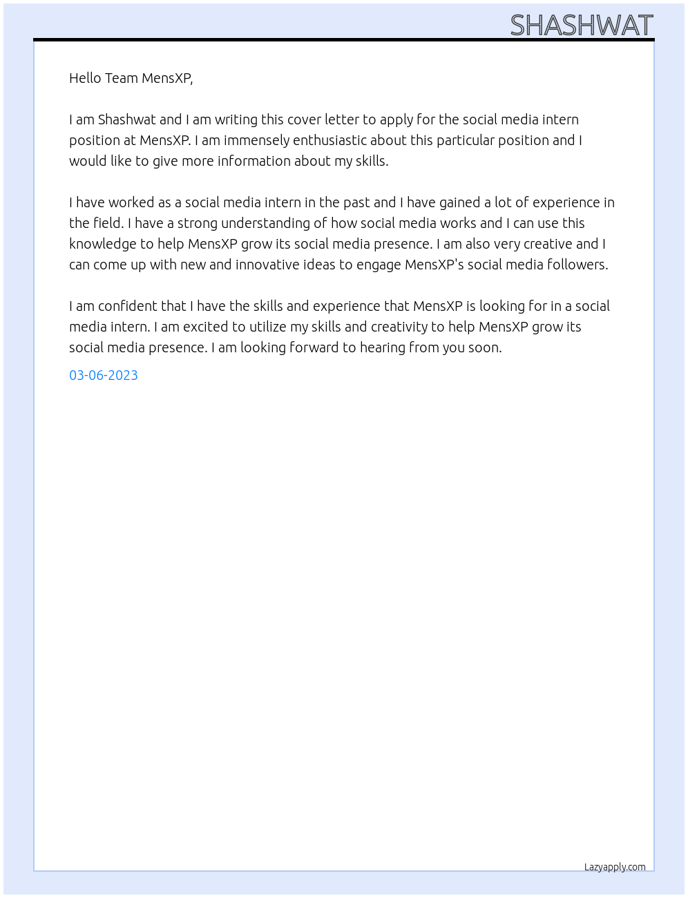 social media intern At MensXP Cover Letter