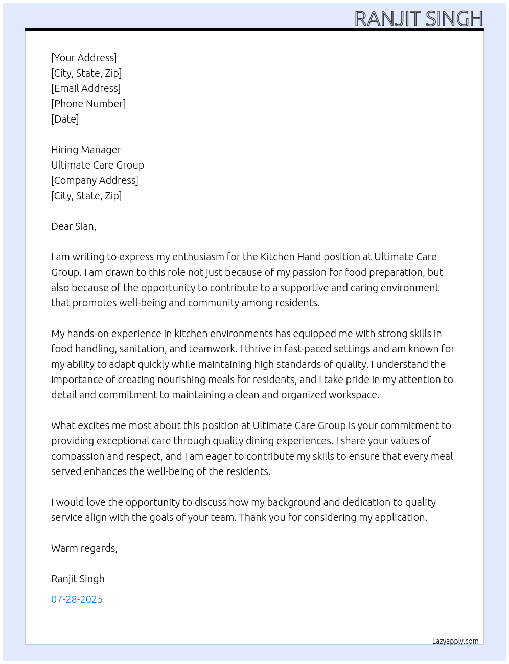 KITCHEN HAND At Ultimate Care Group Cover Letter