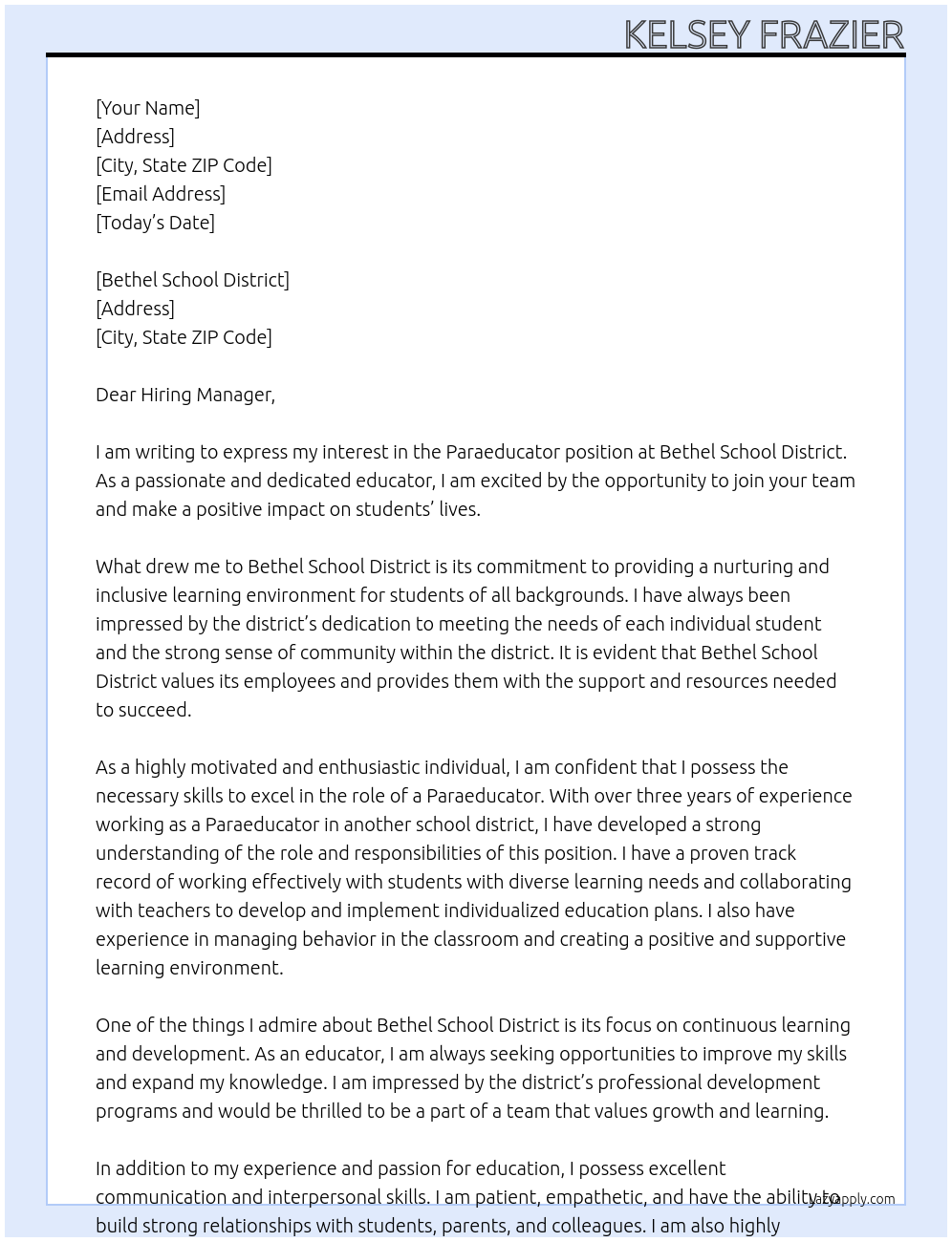 Paraeducator At Bethel School District Cover Letter