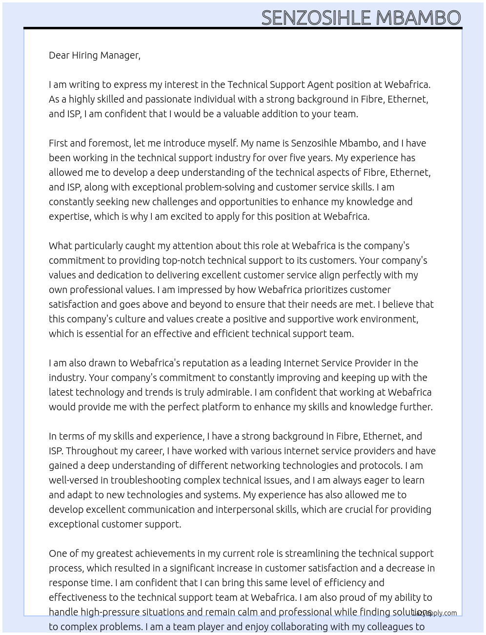Technical Support Agent At Webafrica Cover Letter
