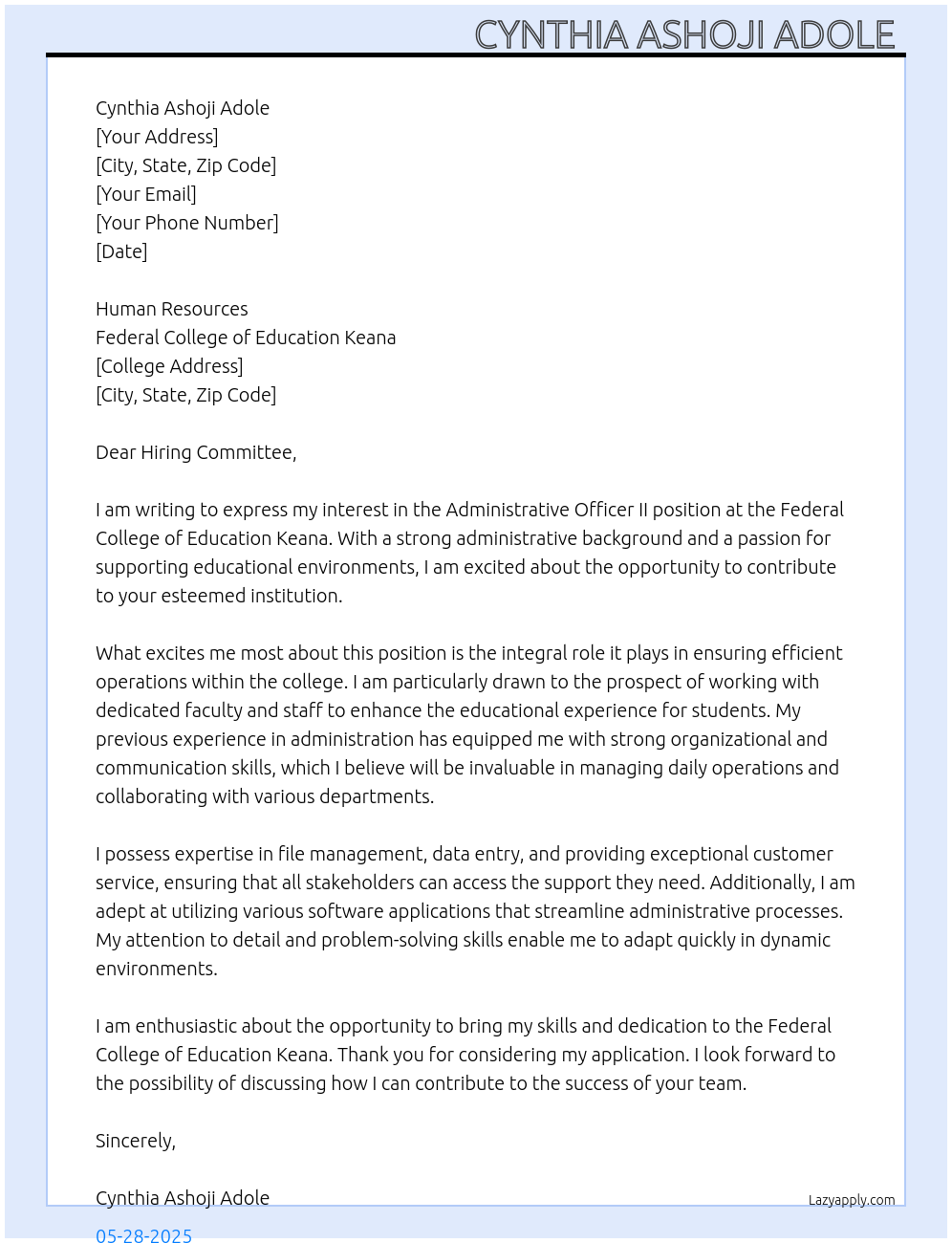Administrative officer 2 At Federal College of Education keana Cover Letter