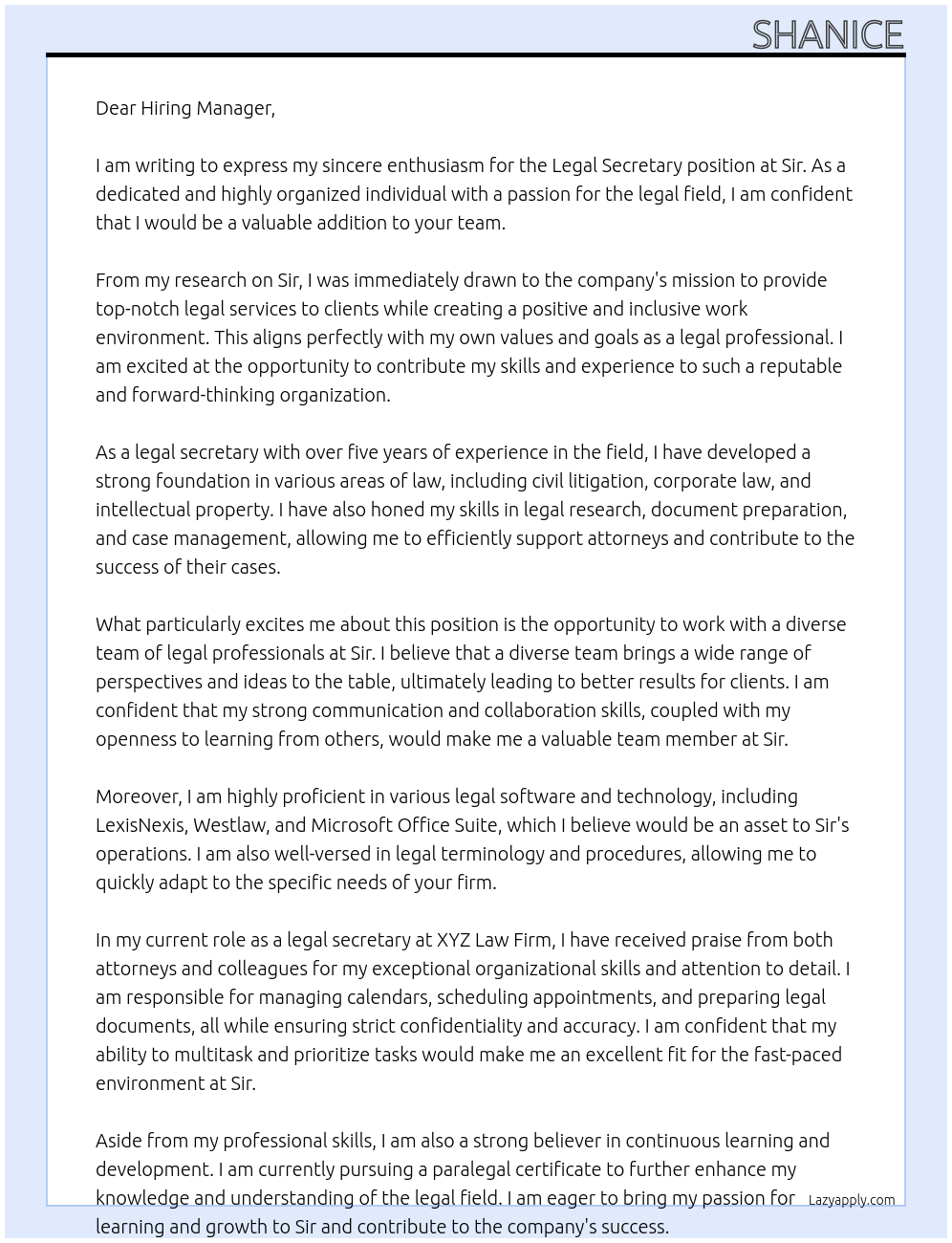 Legal Secretary At Sir Cover Letter