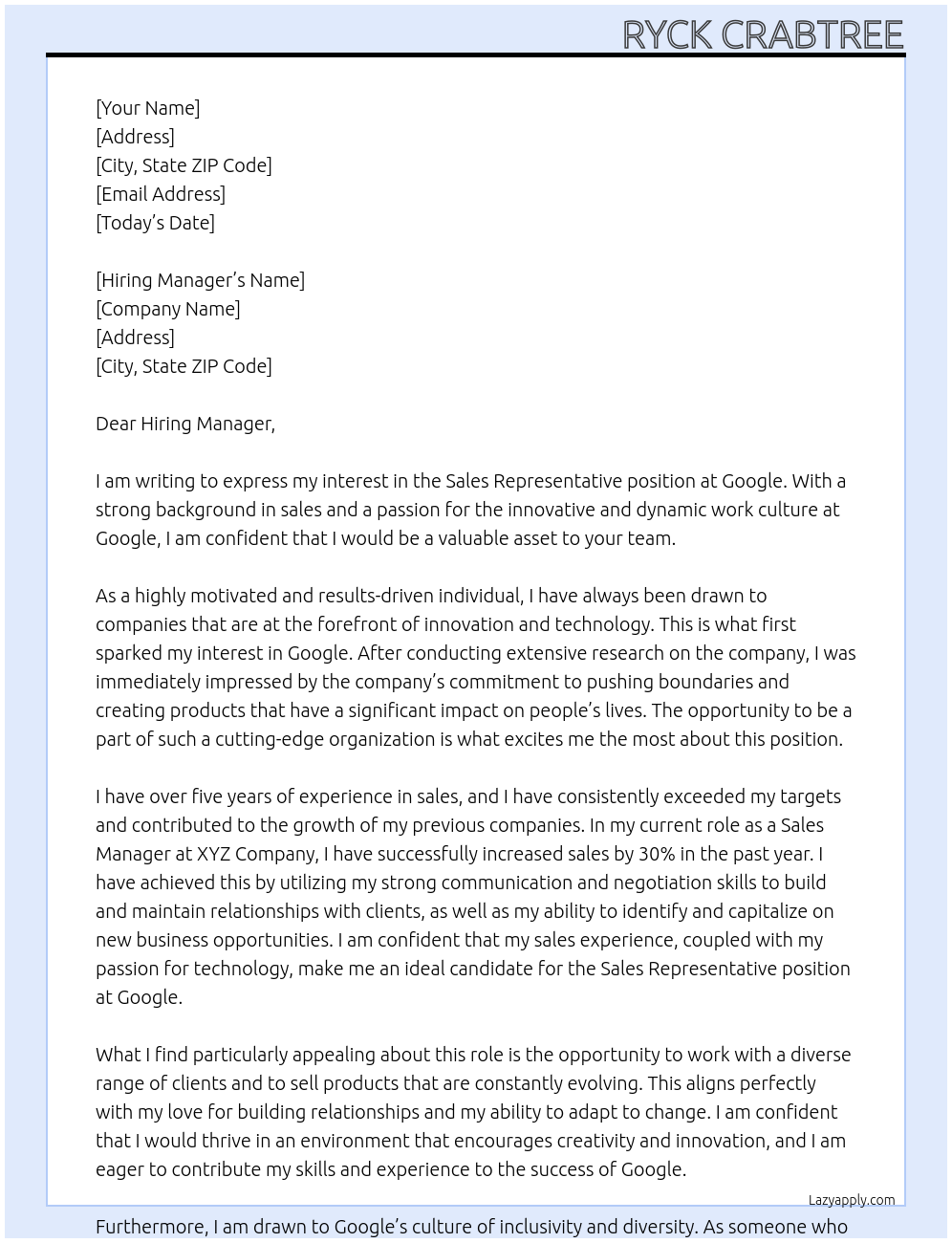 Sales rep At Google Cover Letter