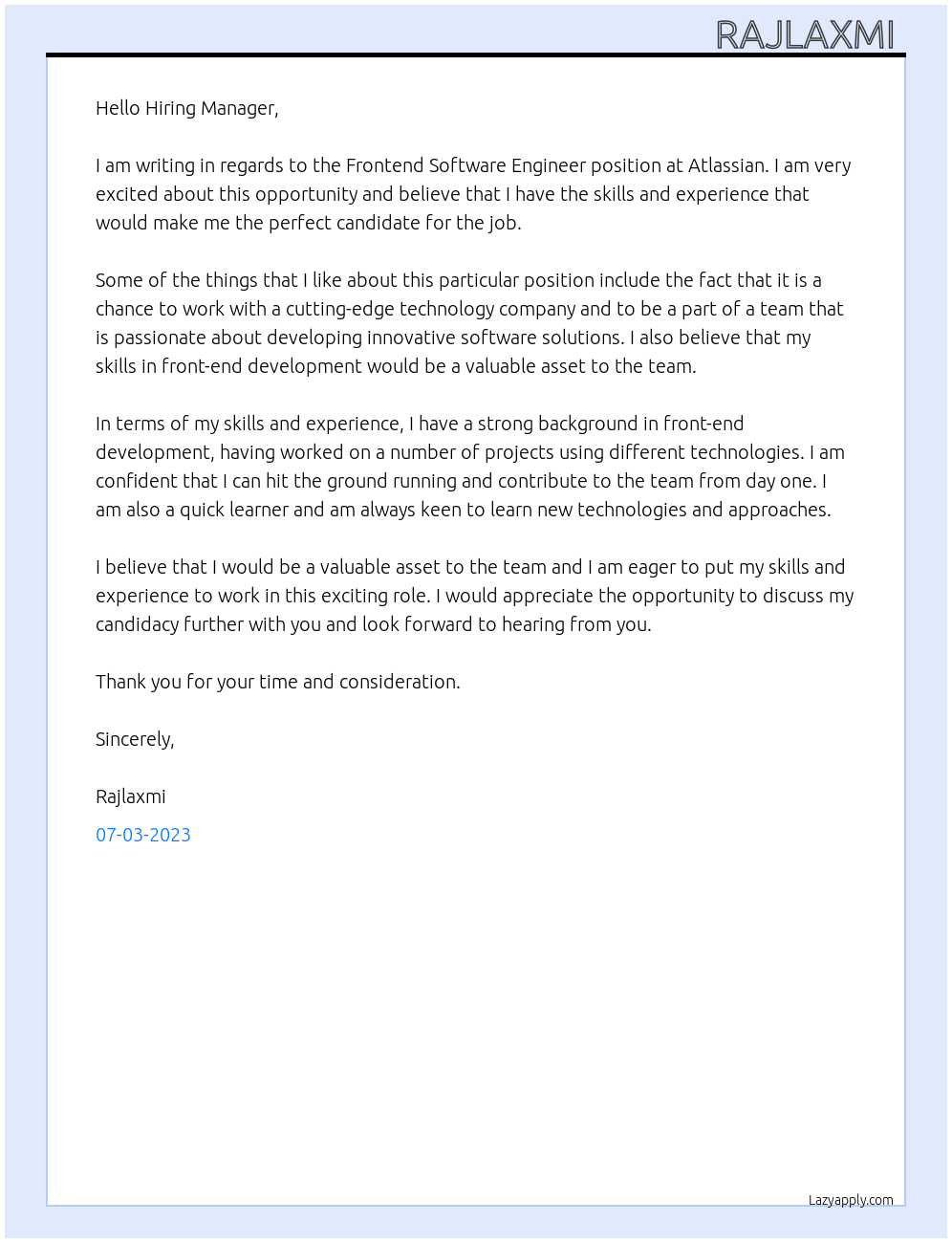 Frontend Software Engineer At Atlassian Cover Letter