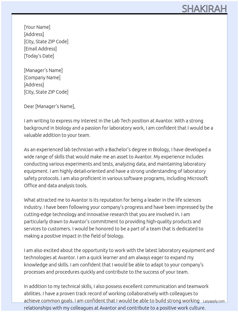Lab tech At Avantor Cover Letter