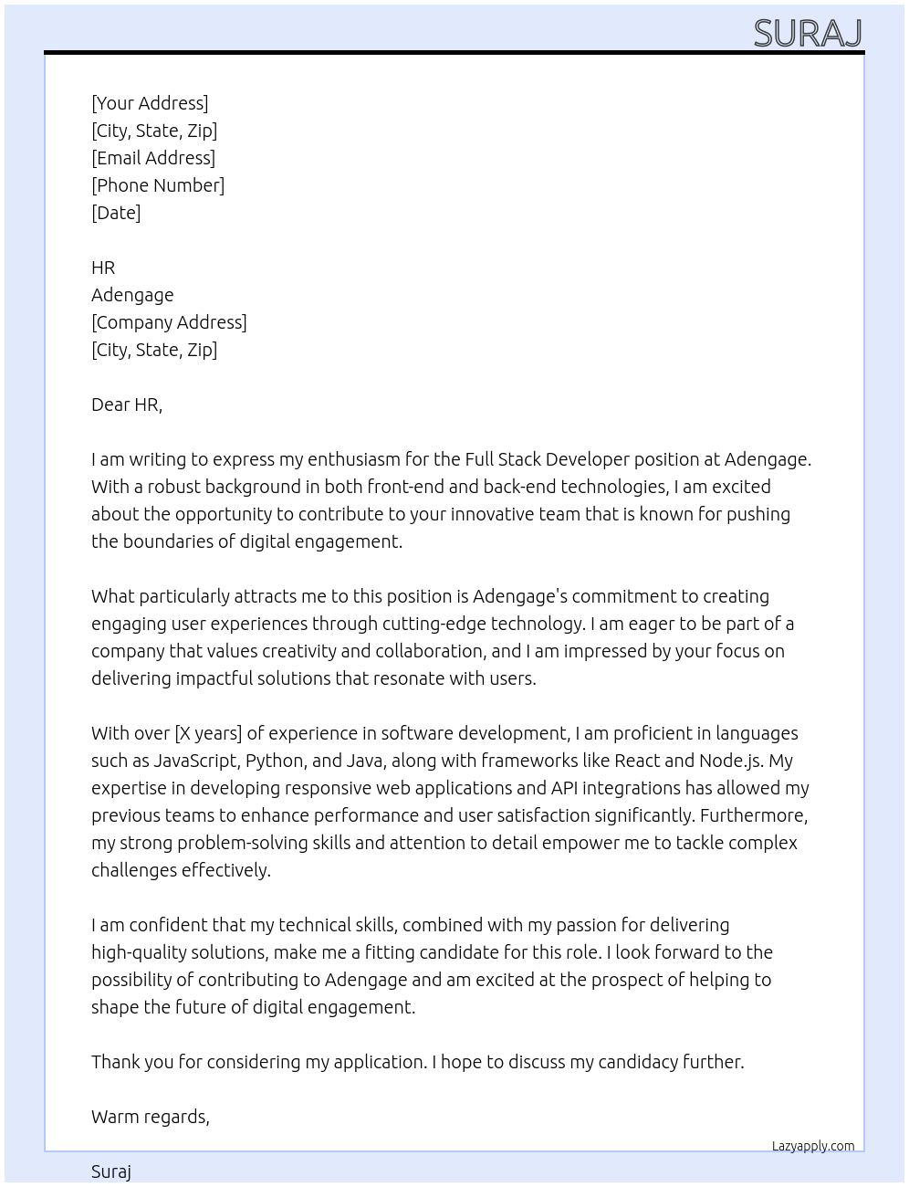 Full stack developer At Adengage Cover Letter