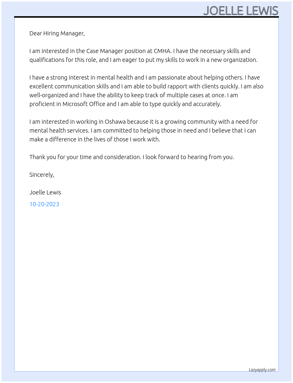 Case Manager At CMHA Cover Letter