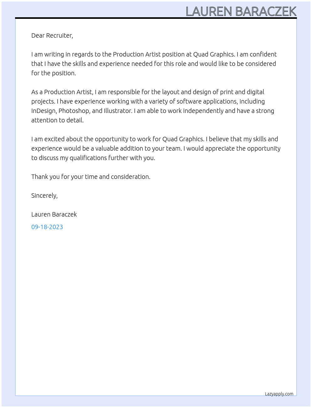 Production Artist At Quad Graphics Cover Letter