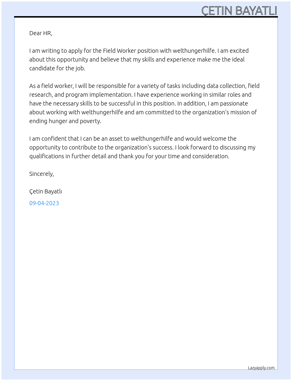 Field Worker At welthungerhilfe Cover Letter