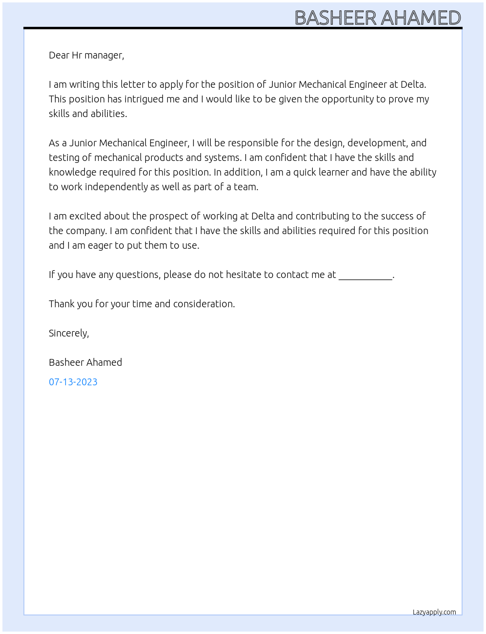 JUNIOR MECHANICAL ENGINEER At Delta Cover Letter