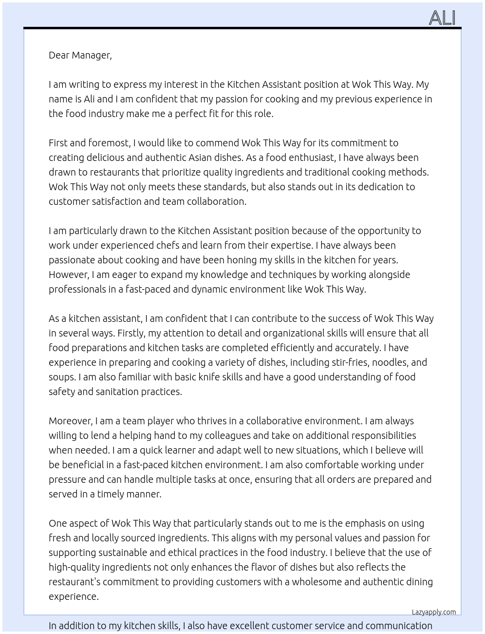 kitchen assistant At wok this way Cover Letter