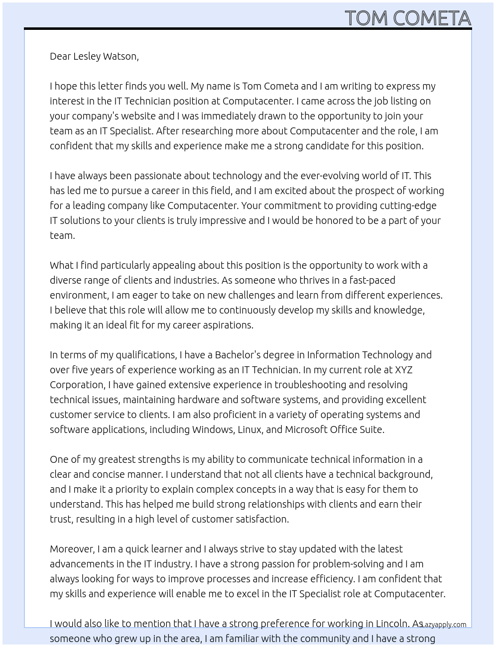 IT Technician At Computacenter Cover Letter