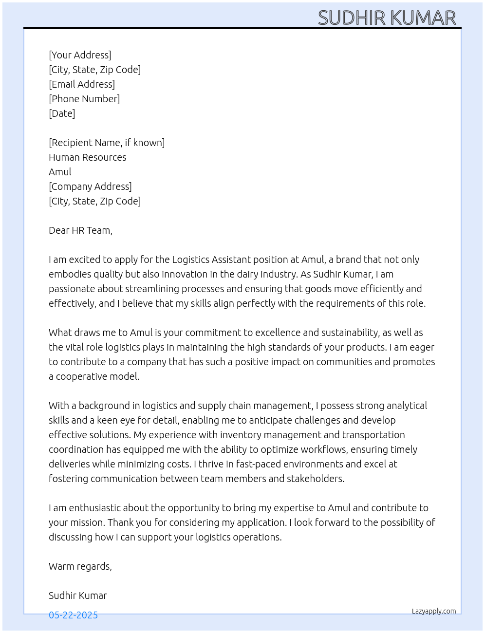 Logistics Assistant  At Amul Cover Letter