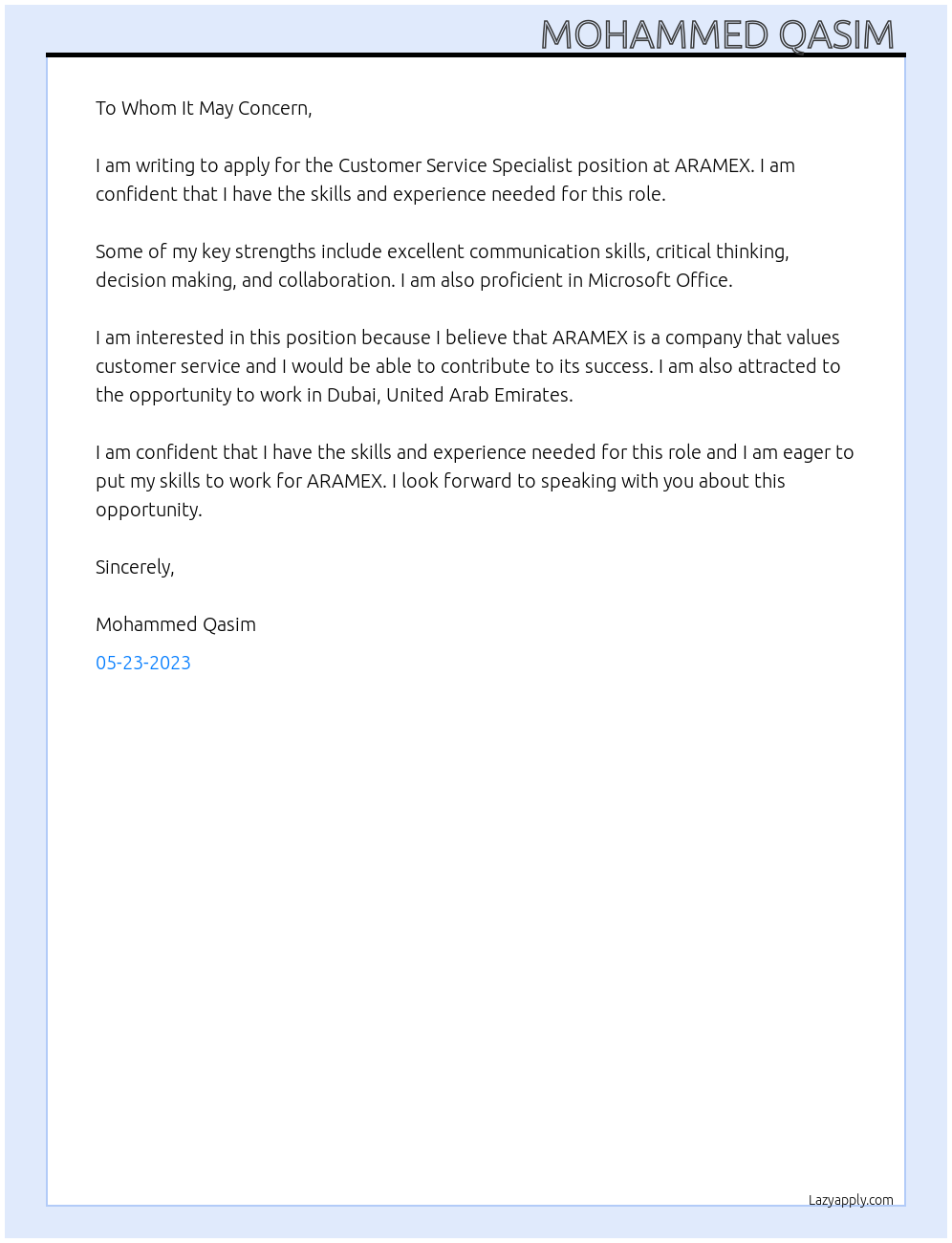 Customer Service Specialist At ARAMEX Cover Letter