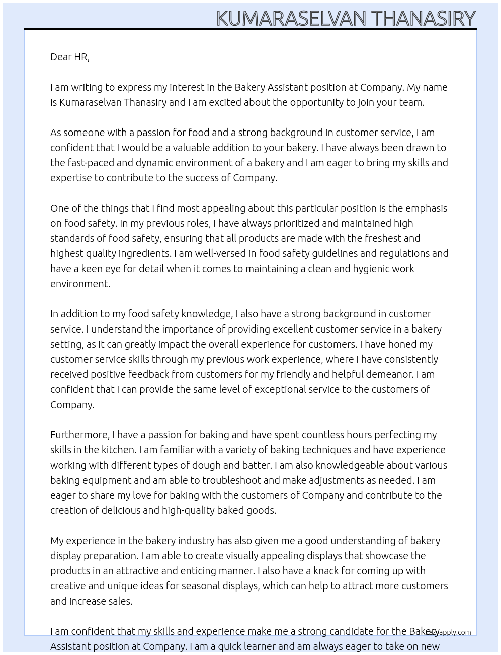 Bakery Assistant At Company Cover Letter