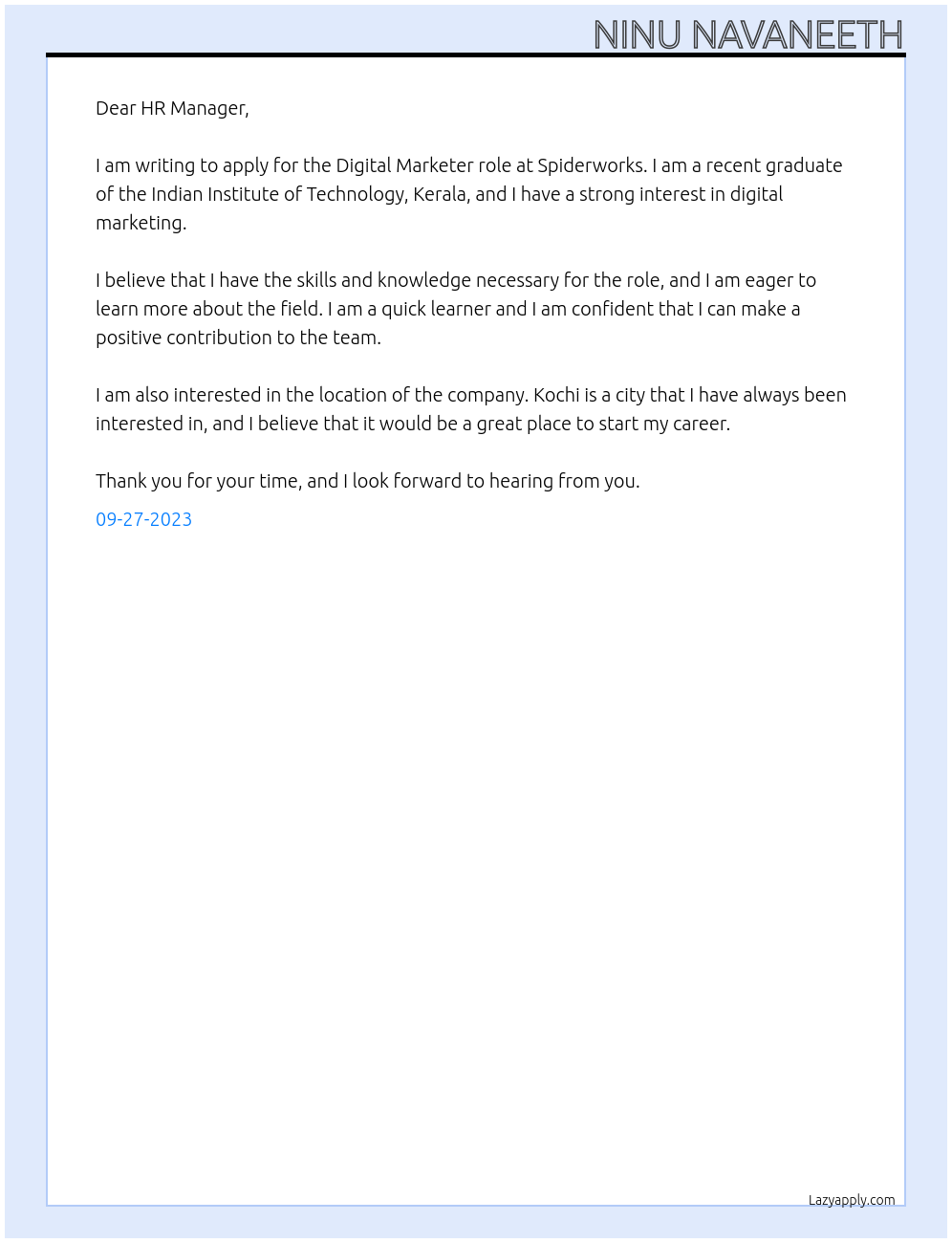 Digital marketer At Spiderworks Cover Letter