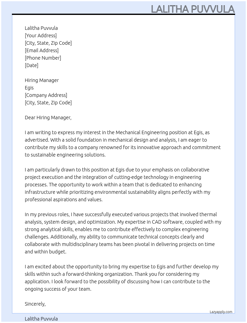 Mechanical Engineering At Egis Cover Letter