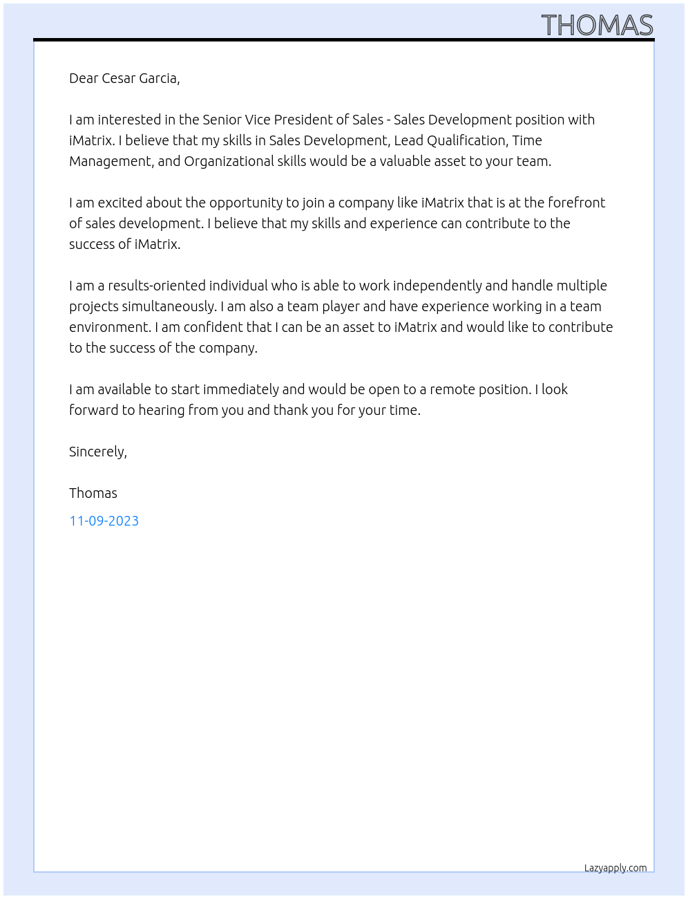 Sales Development  At iMatrix Cover Letter