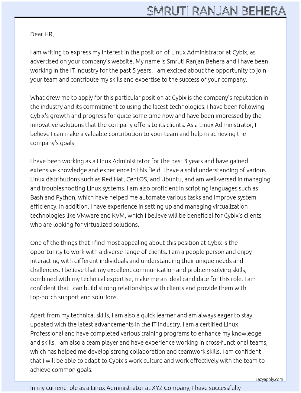 Cover letter for linux administrator - LazyApply