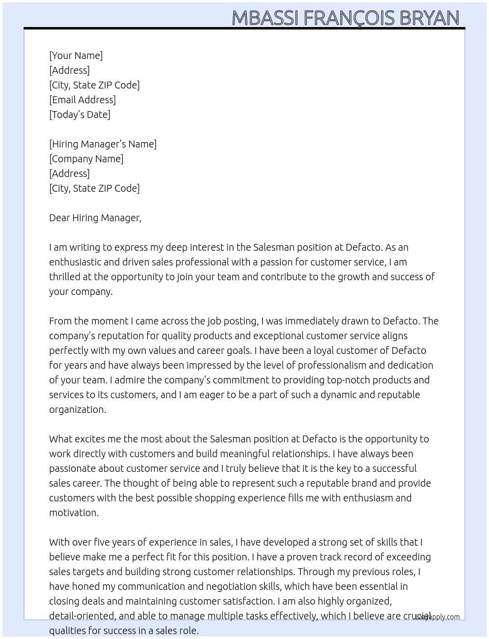 Salesman At Defacto Cover Letter