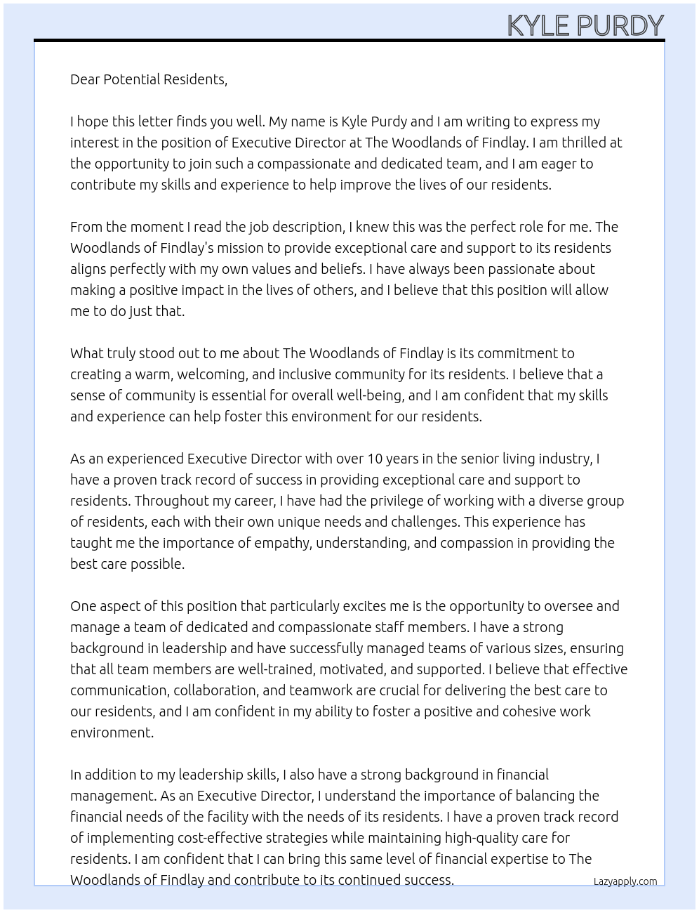 Executive Director At The Woodlands of Findlay Cover Letter