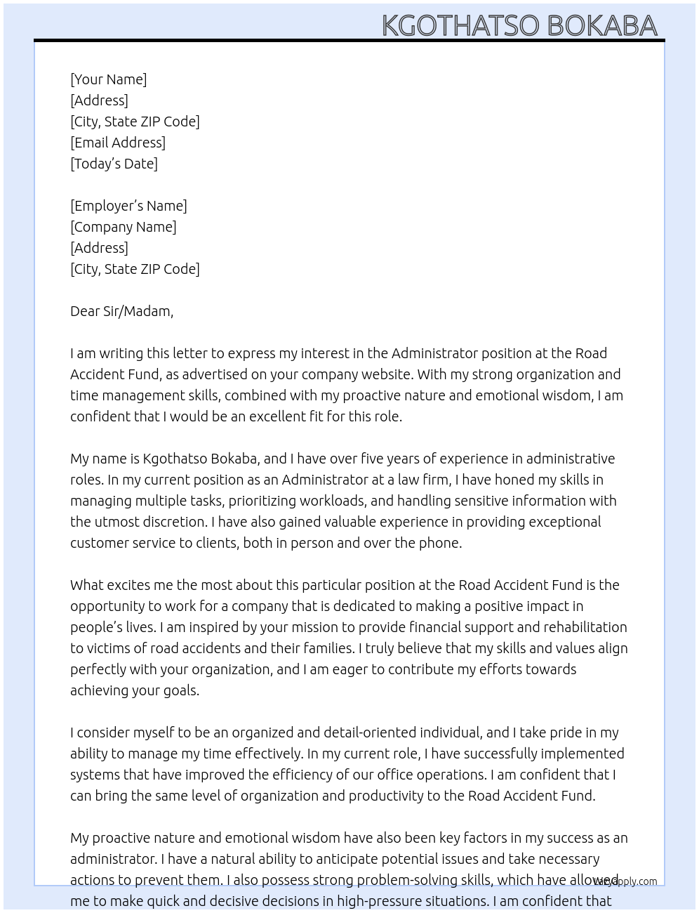 Administrator  At Road Accident Fund  Cover Letter