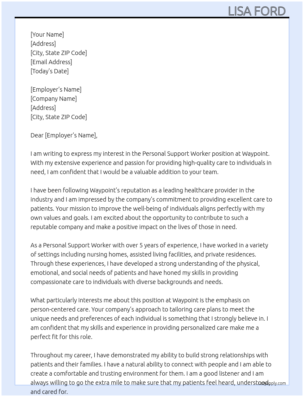 Personal support worker At Waypoint Cover Letter