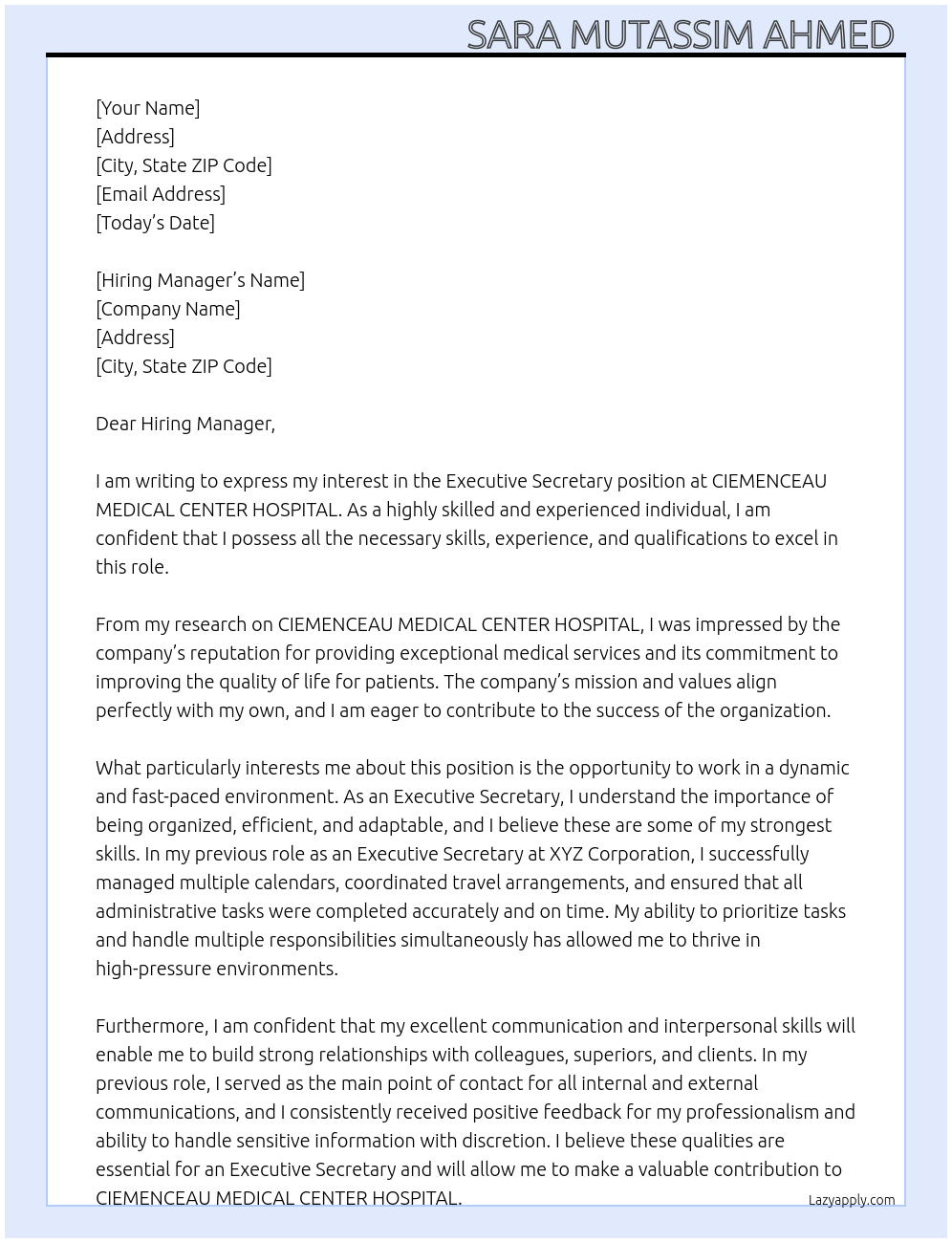 Executive secretary  At CIEMENCEAU MEDICAL CENTER HOSPITAL  Cover Letter