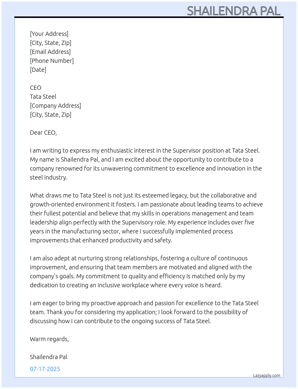 Supervisors At Tata steel  Cover Letter