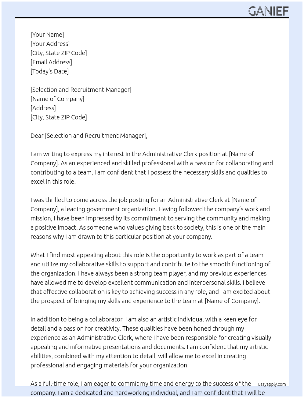 ADMINISTRATIVE CLERK At GOVERNMENT Cover Letter