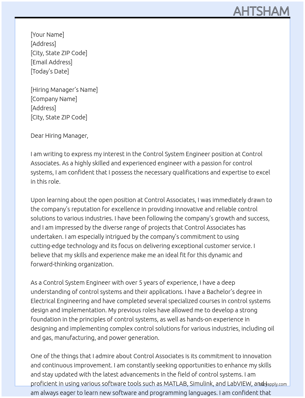 Cover letter for control system engineer - LazyApply