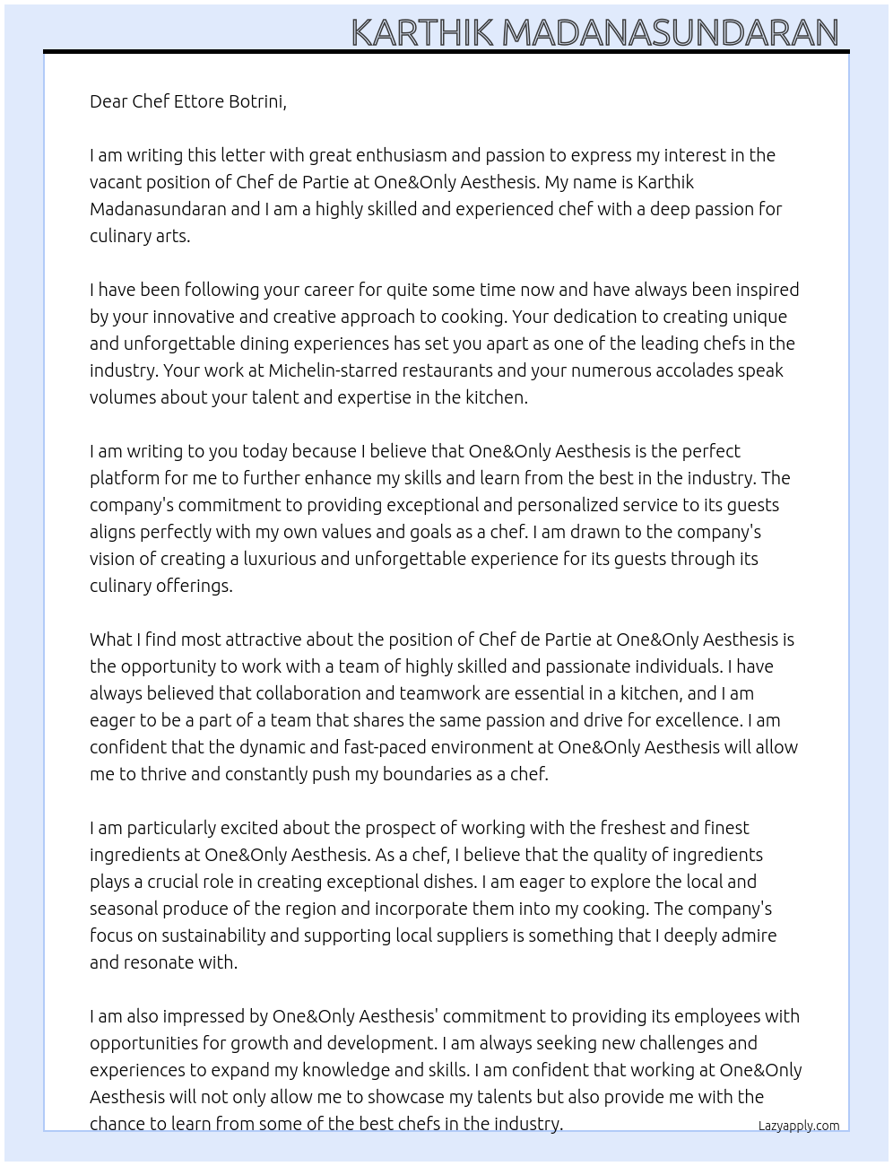 Chef de Partie At One&Only Aesthesis Cover Letter