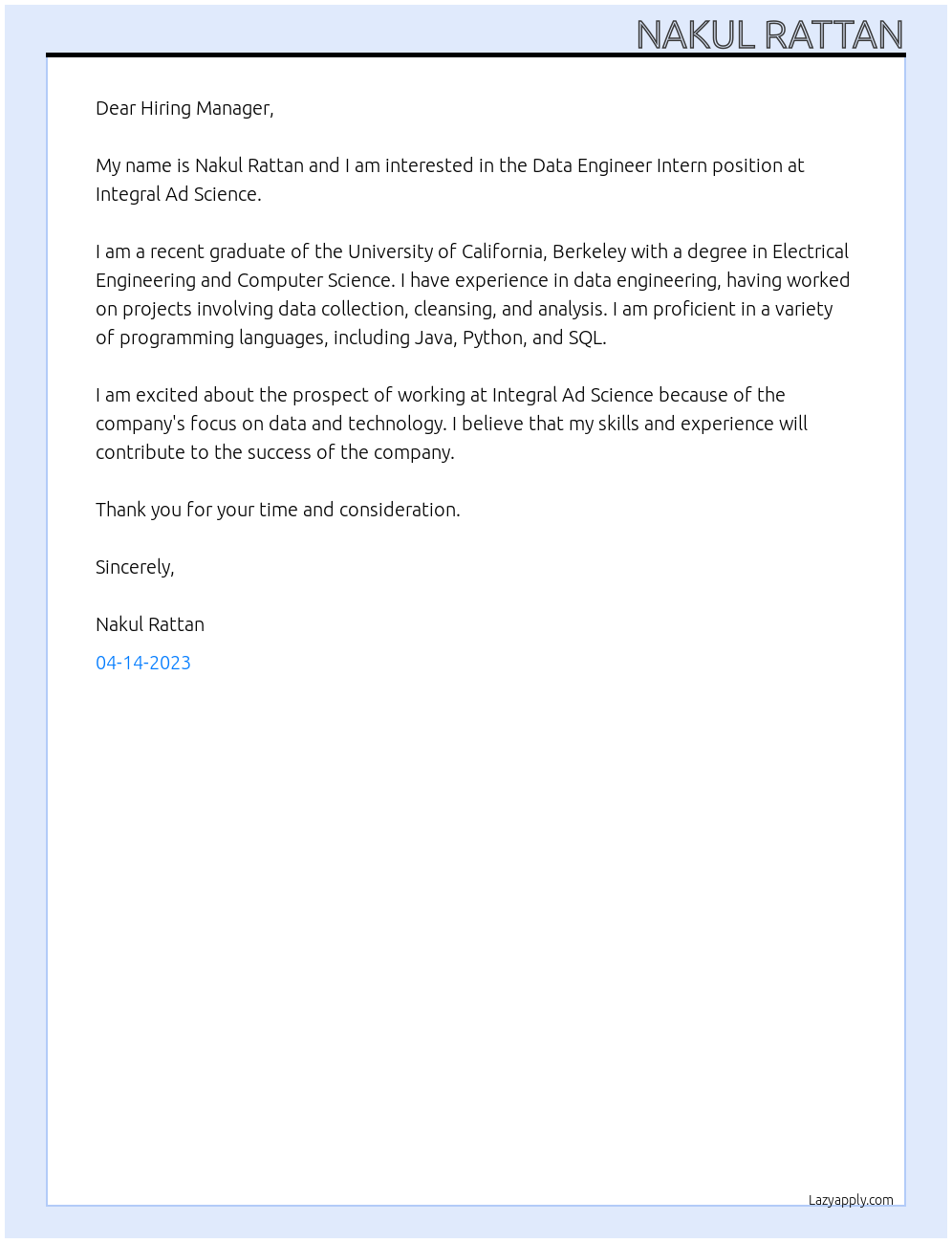 Data Engineer Intern At Integral Ad Science Cover Letter