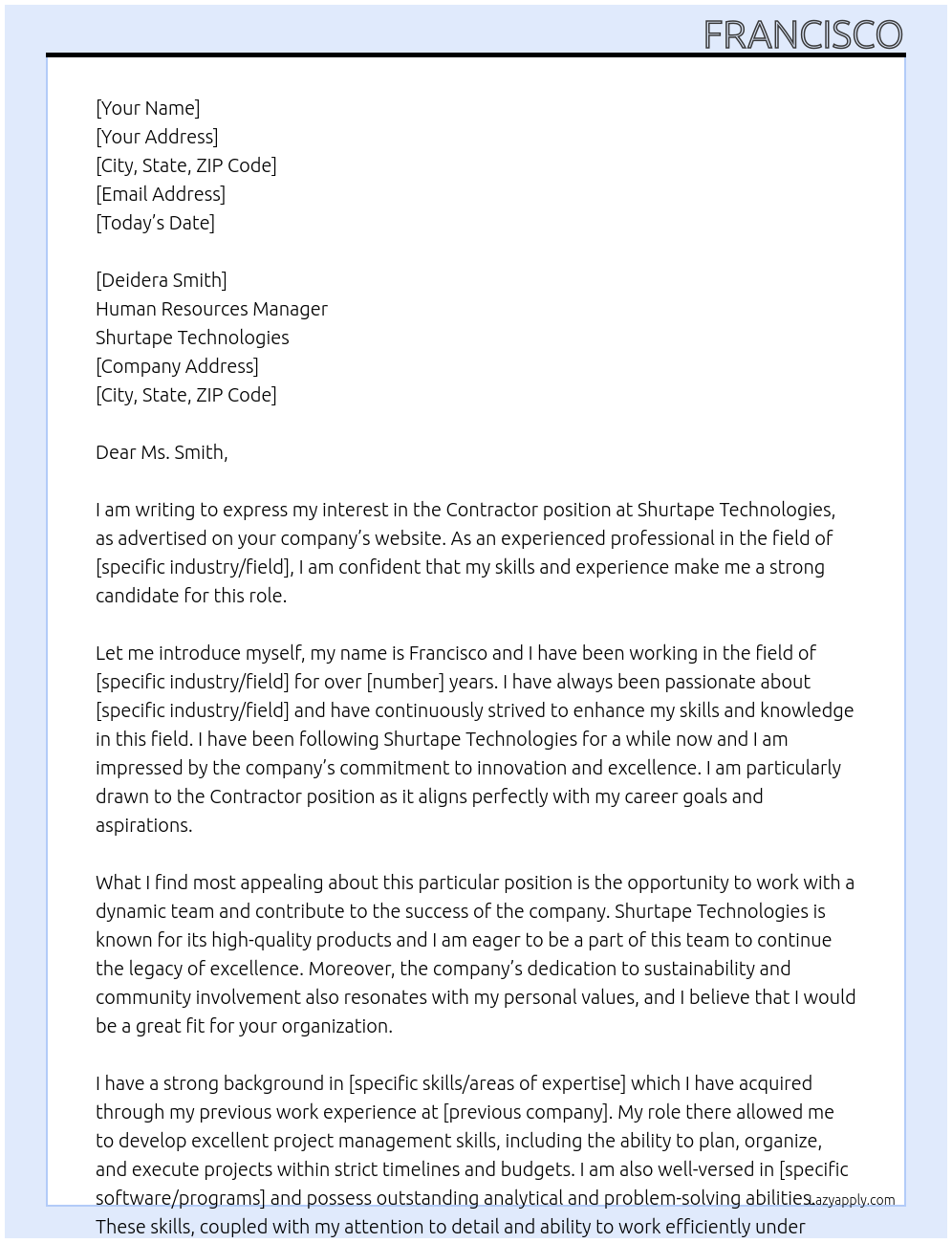 Contractor At Shurtape Technologies Cover Letter
