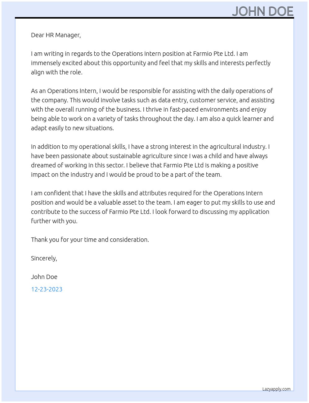 Operations Intern At Farmio Pte Ltd Cover Letter