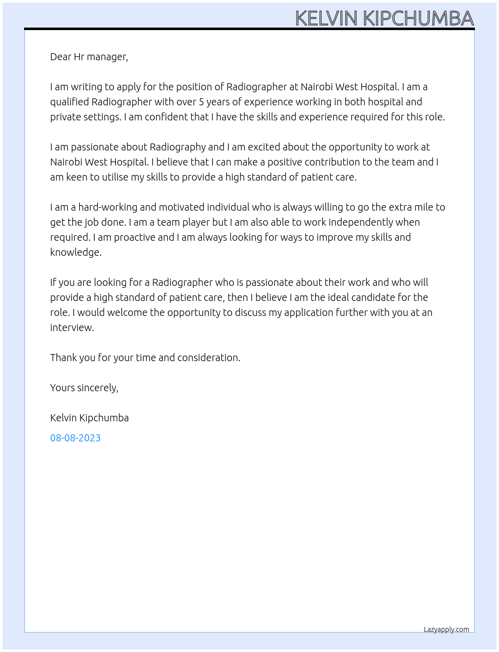 Radiographer  At Nairobi West Hospital  Cover Letter