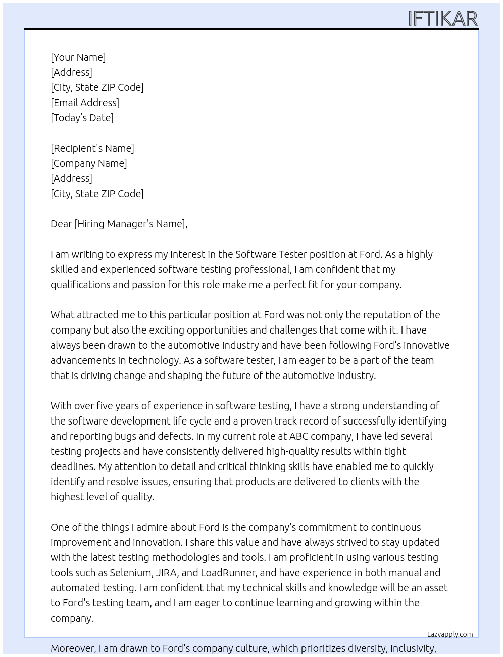 Software Tester At Ford Cover Letter