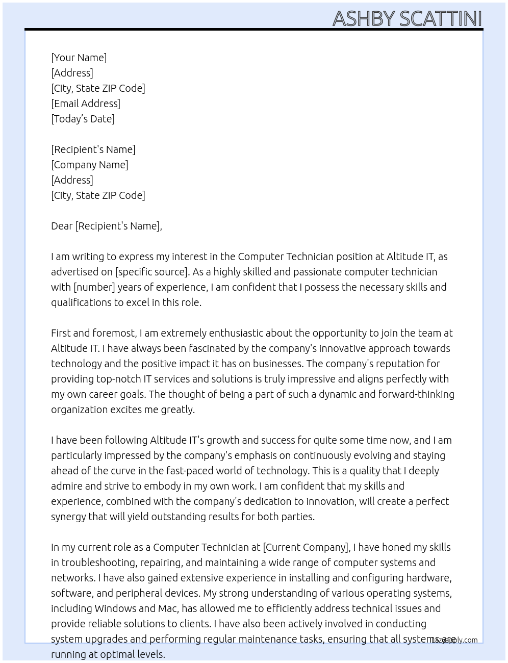 Computer Technician At Altitude IT Cover Letter